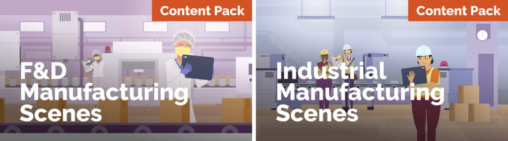 Image showcases F&D manufacturing scenes and Industrial Manufacturing scenes, with Vyond characters wearing hard hats and protective gear in a factory setting.